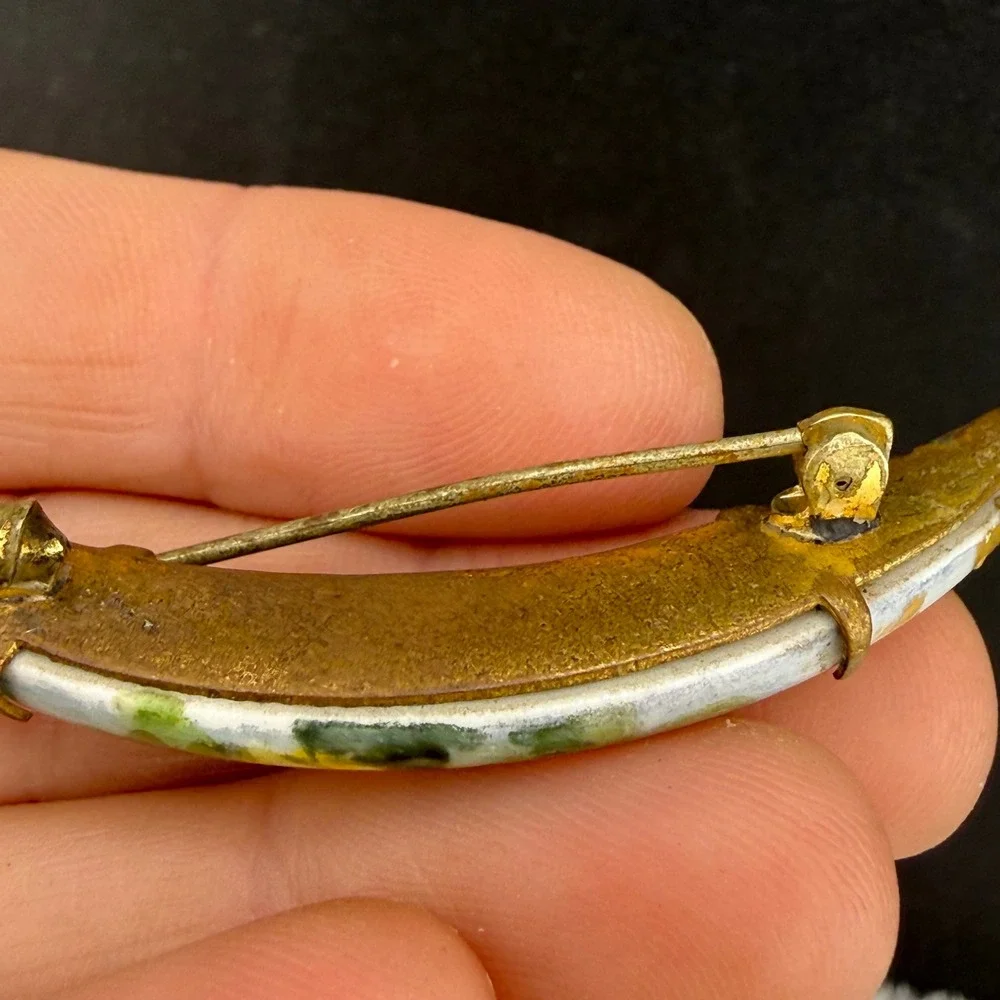 Vintage Victorian Hand Painted Porcelain Brooch Crescent Moon Yellow Rose Floral